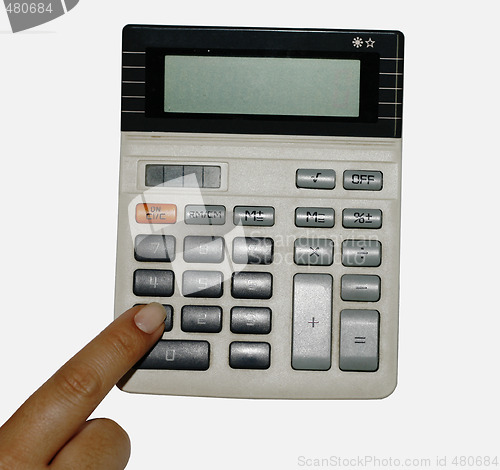 Image of Isolated female finger an old calculator
