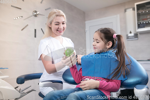 Image of Young caucasian girl visiting dentist\'s office