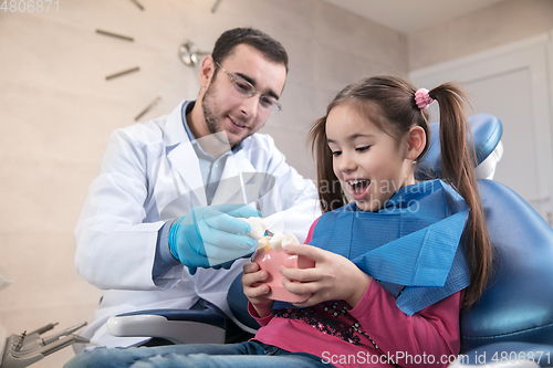 Image of Young caucasian girl visiting dentist\'s office