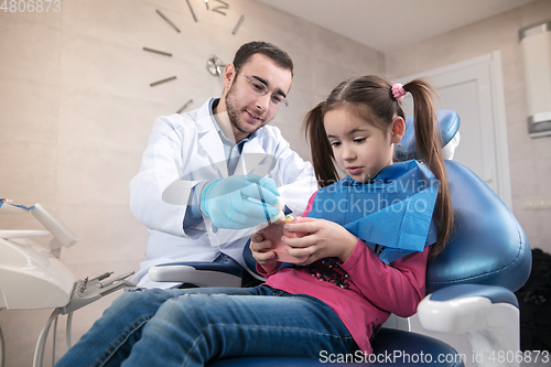 Image of Young caucasian girl visiting dentist\'s office