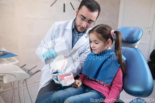 Image of Young caucasian girl visiting dentist\'s office