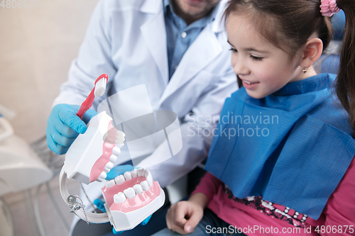 Image of Young caucasian girl visiting dentist\'s office