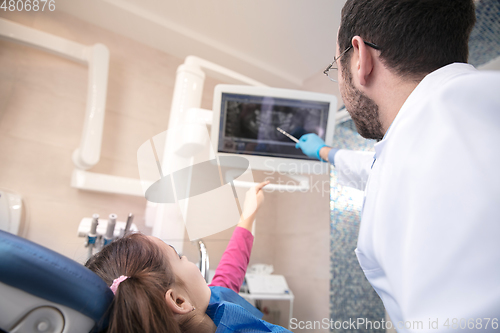 Image of Young caucasian girl visiting dentist\'s office