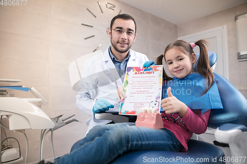 Image of Young caucasian girl visiting dentist\'s office