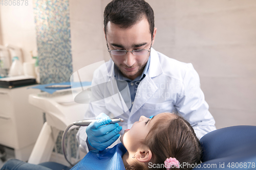 Image of Young caucasian girl visiting dentist\'s office