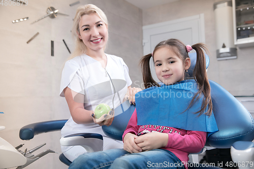 Image of Young caucasian girl visiting dentist\'s office