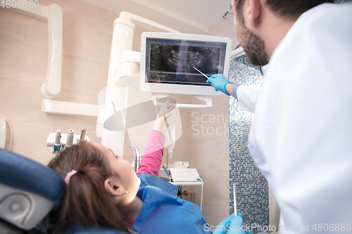 Image of Young caucasian girl visiting dentist\'s office