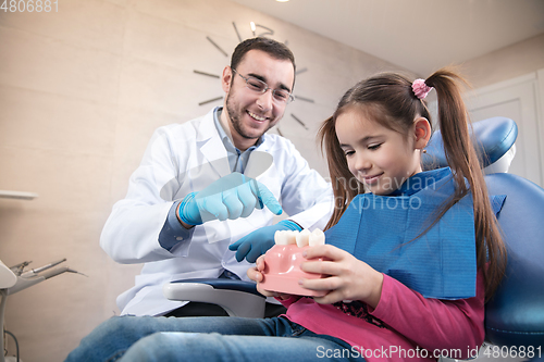 Image of Young caucasian girl visiting dentist\'s office