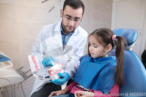 Image of Young caucasian girl visiting dentist\'s office