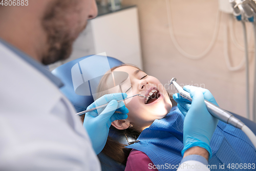 Image of Young caucasian girl visiting dentist\'s office