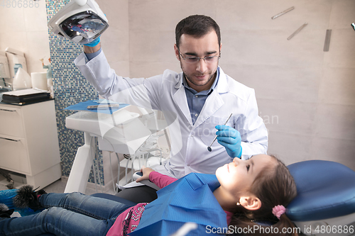 Image of Young caucasian girl visiting dentist\'s office