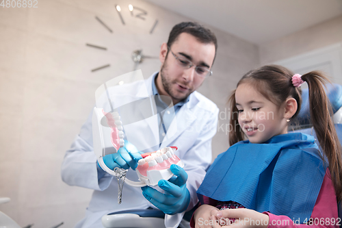 Image of Young caucasian girl visiting dentist\'s office