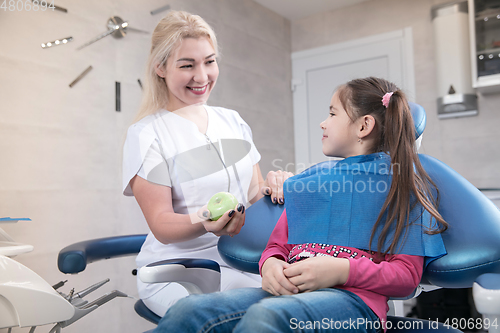 Image of Young caucasian girl visiting dentist\'s office