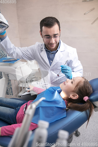 Image of Young caucasian girl visiting dentist\'s office