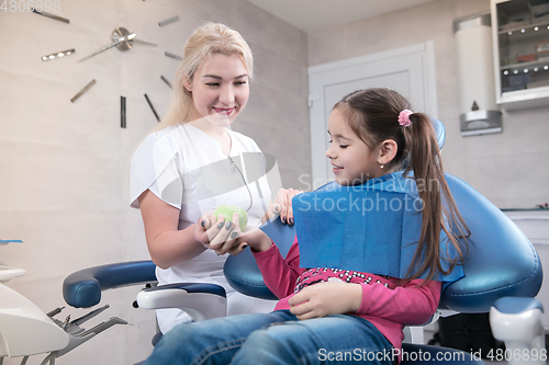 Image of Young caucasian girl visiting dentist\'s office