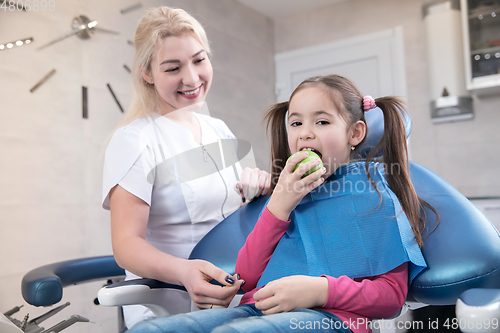 Image of Young caucasian girl visiting dentist\'s office