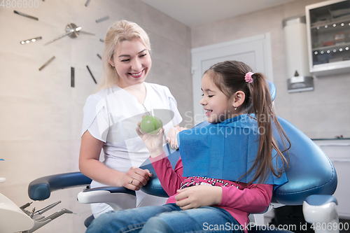 Image of Young caucasian girl visiting dentist\'s office