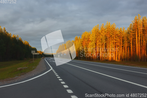 Image of Empty Highway In The Forest At Sunset