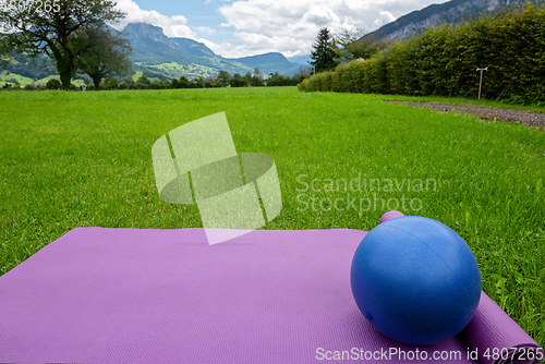 Image of Fitness mat and ball on the green grass background