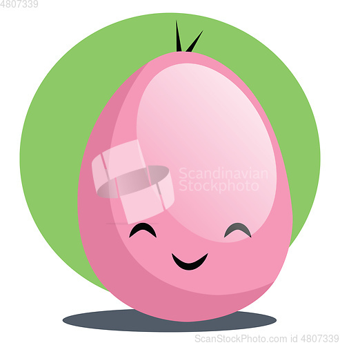 Image of Pink Easter egg smiling in front of a green circle illustration 
