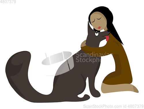 Image of Clipart of a girl knelt to the ground and hugging a grey dog vec