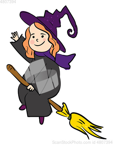 Image of A smiling cartoon witch flying on a broom vector or color illust