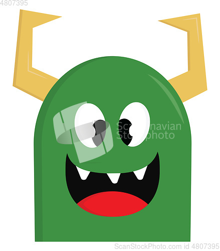 Image of Happy green monster with yellow horns vector illustration on whi