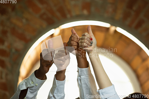 Image of Close up of african-american and caucasian human\'s hands gesturing