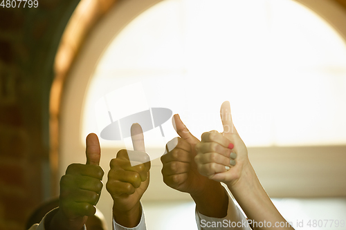 Image of Close up of african-american and caucasian human\'s hands gesturing