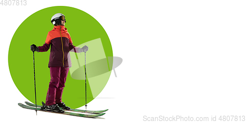 Image of Sportswoman training on white background, flyer for your ad
