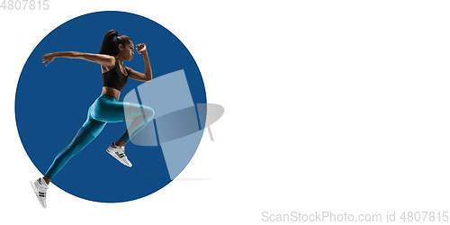 Image of Sportswoman training on white background, flyer for your ad