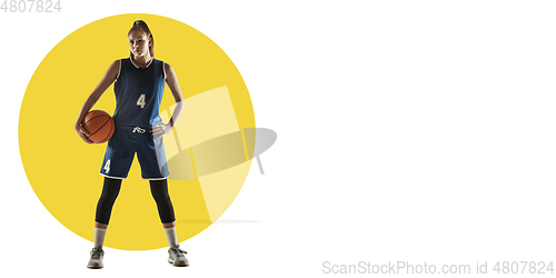 Image of Sportswoman training on white background, flyer for your ad