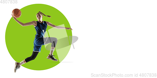 Image of Sportswoman training on white background, flyer for your ad