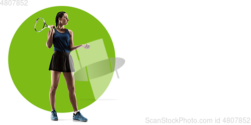 Image of Sportswoman training on white background, flyer for your ad