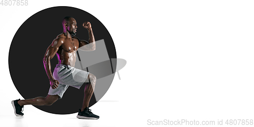 Image of Sportsman training on white background, flyer for your ad