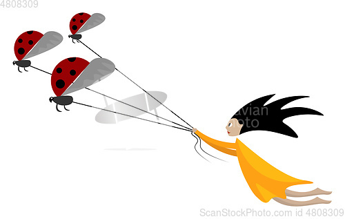 Image of Cartoon funny picture of a girl pulling the three ladybugs tied 
