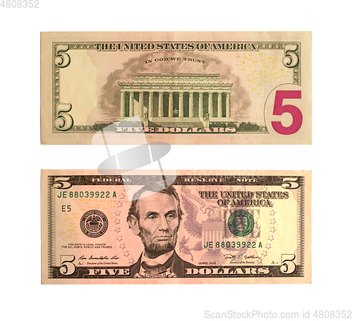 Image of United States five-dollar bill isolated 