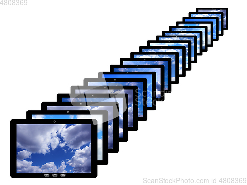 Image of tablets in row with different images of sky isolated