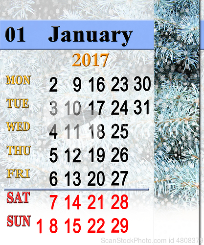 Image of calendar for January 2017 with New Year's tree