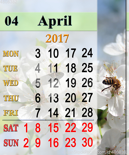 Image of calendar for April 2017 with bee on the flower