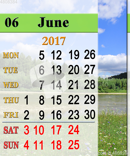 Image of calendar for June 2017 with mountain river