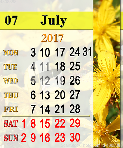 Image of calendar for July 2017 with flowers of St.-John's wort