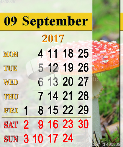 Image of calendar for September 2017 with red toadstool