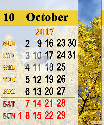 Image of calendar for October 2017 with yellow leaves