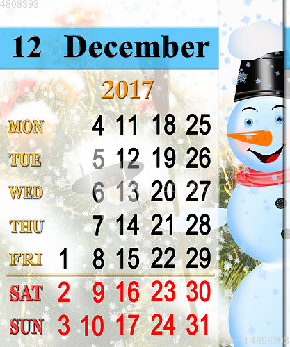 Image of calendar for December 2017 with picture of fabulous snowman