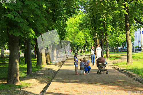 Image of People have a rest in park with big trees