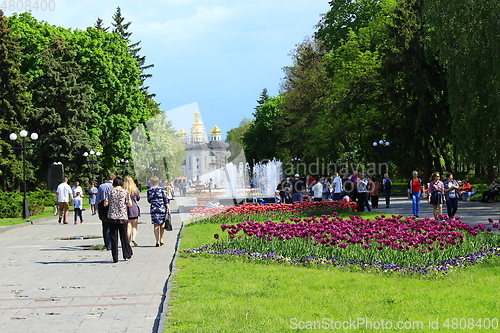 Image of People have a rest in city park with tulips