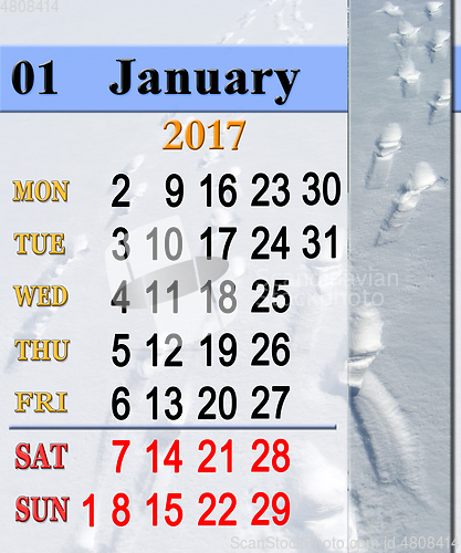 Image of calendar for January 2017 with traces on the snow