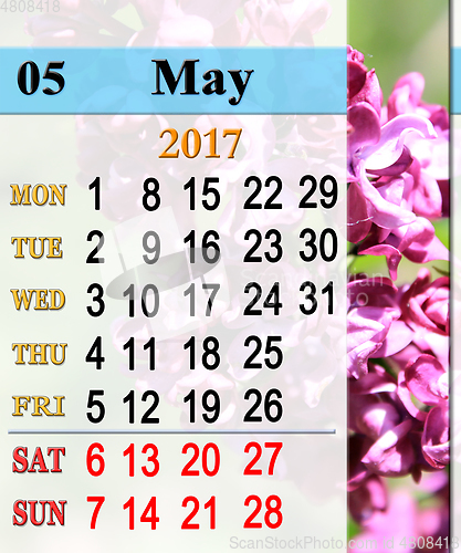 Image of calendar for May 2017 with lilac bush