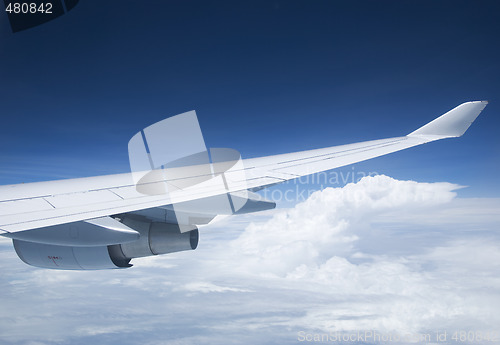 Image of Wing and engine of passenger jet.